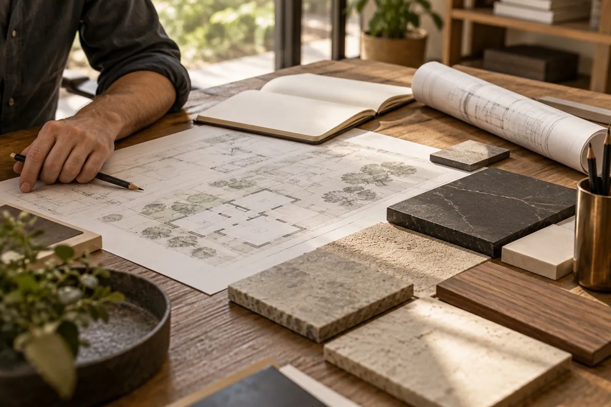 Design planning desk with project drawings and material references