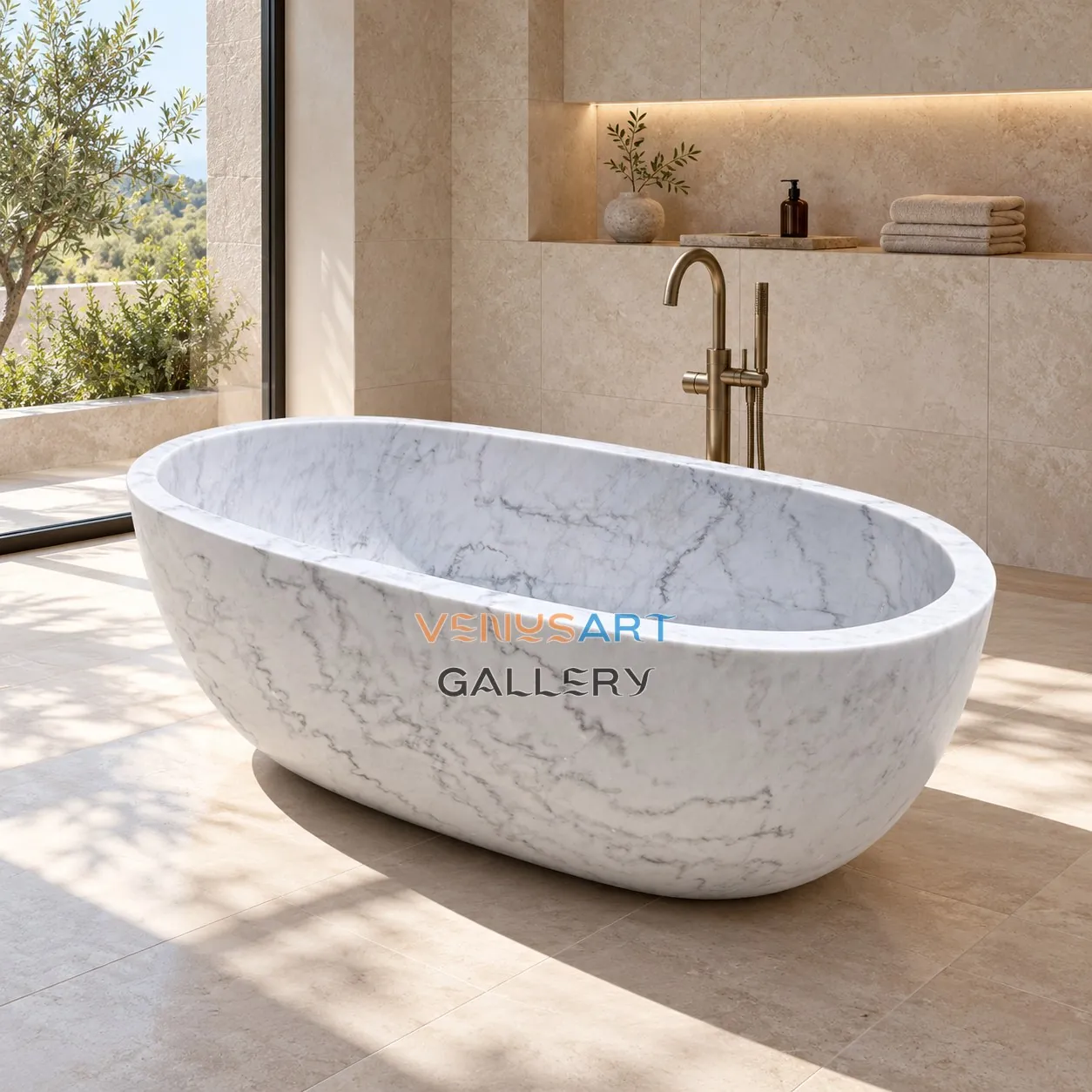 White Gray Oval Stone Bathtub — placement concept, not an installed project