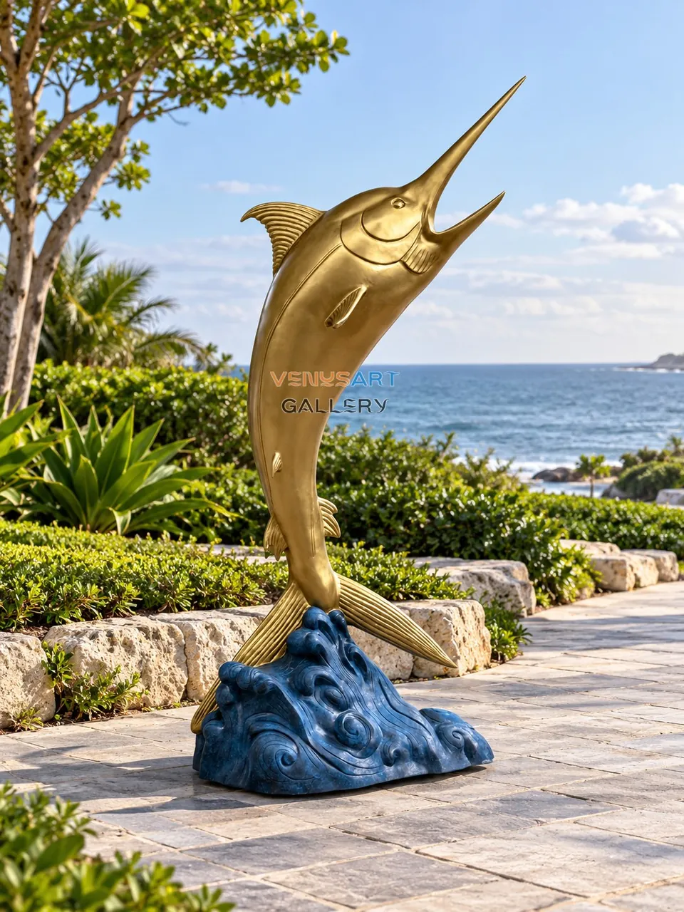Leaping Marlin on Waves Sculpture