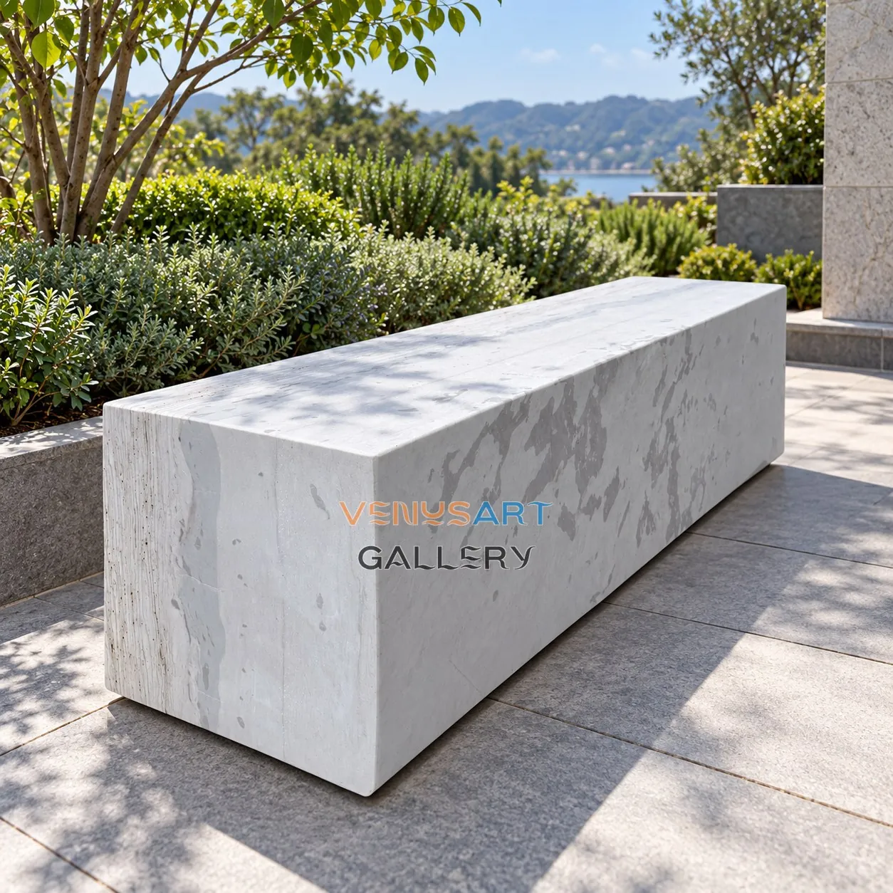 White Gray Rectangular Block Bench — placement concept, not an installed project