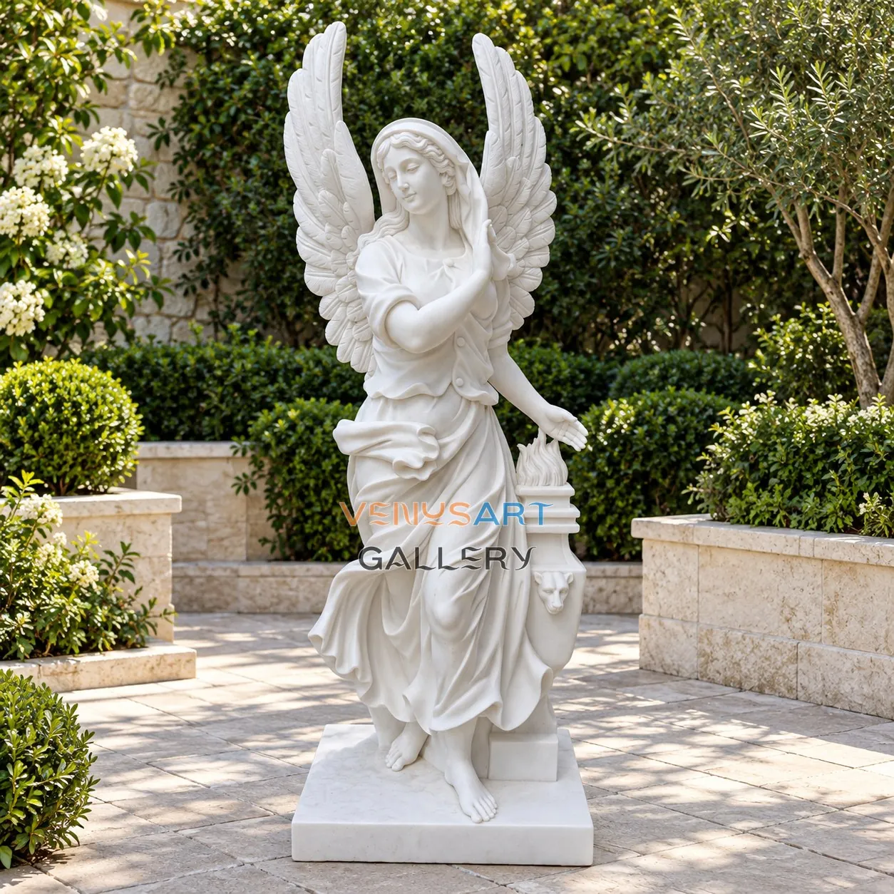 Seated Angel Holding Flowers — placement concept, not an installed project