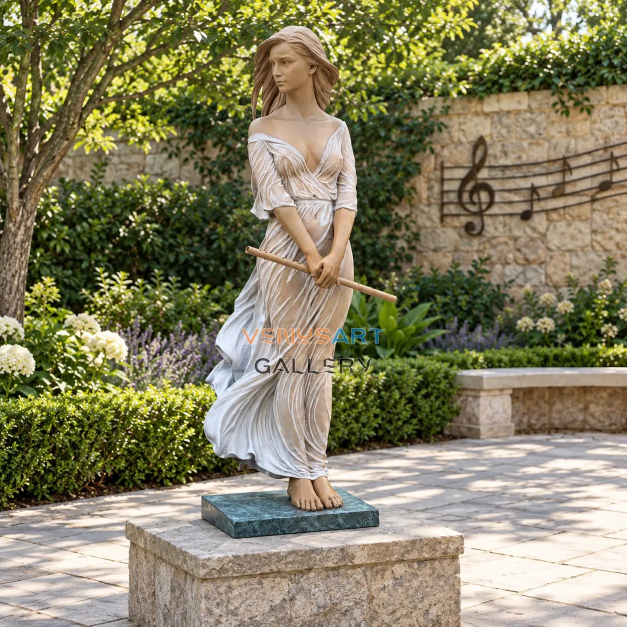 Standing Woman Holding Flute Sculpture — placement concept, not an installed project