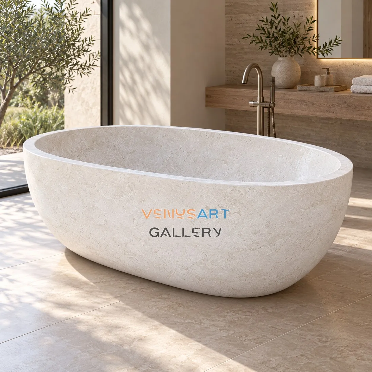 Baignoire ovale en pierre blanche unie