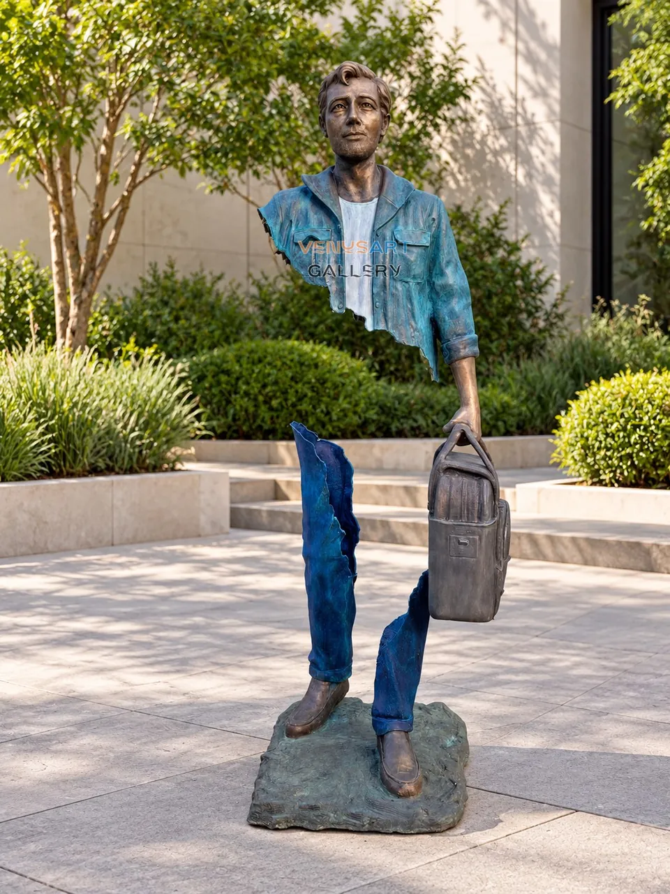 Hollow Traveler Man in a Blue Jacket — placement concept, not an installed project