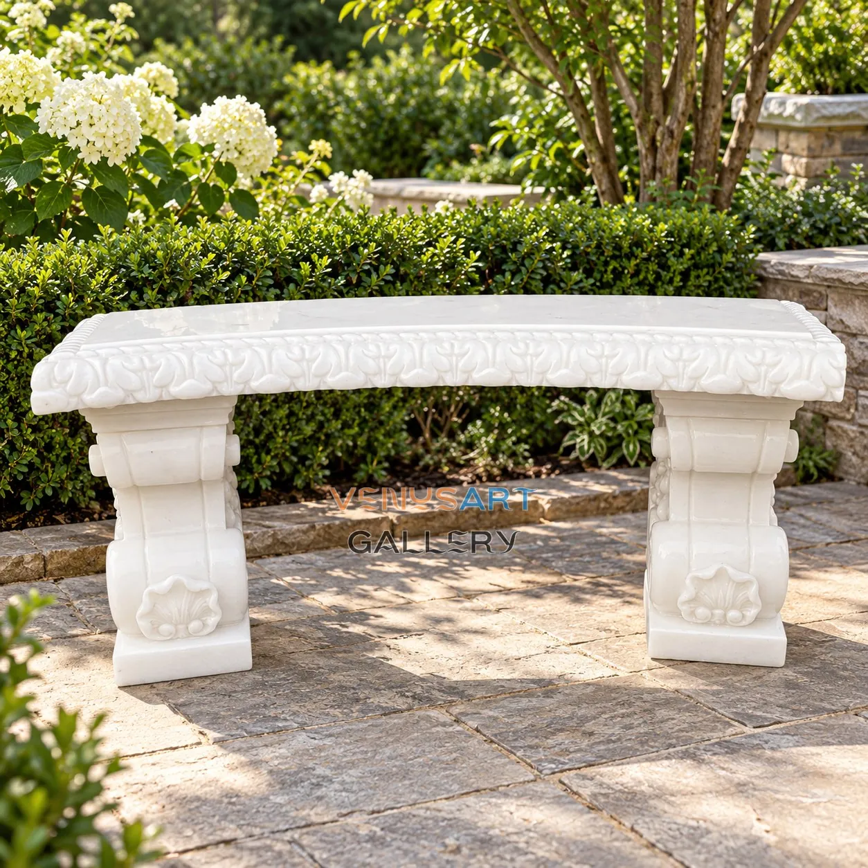 Curved Backless Stone Bench — placement concept, not an installed project