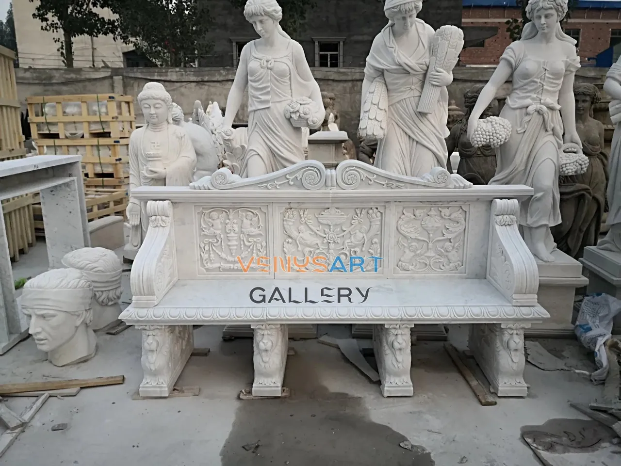 Lion Support Relief Stone Bench — product photograph