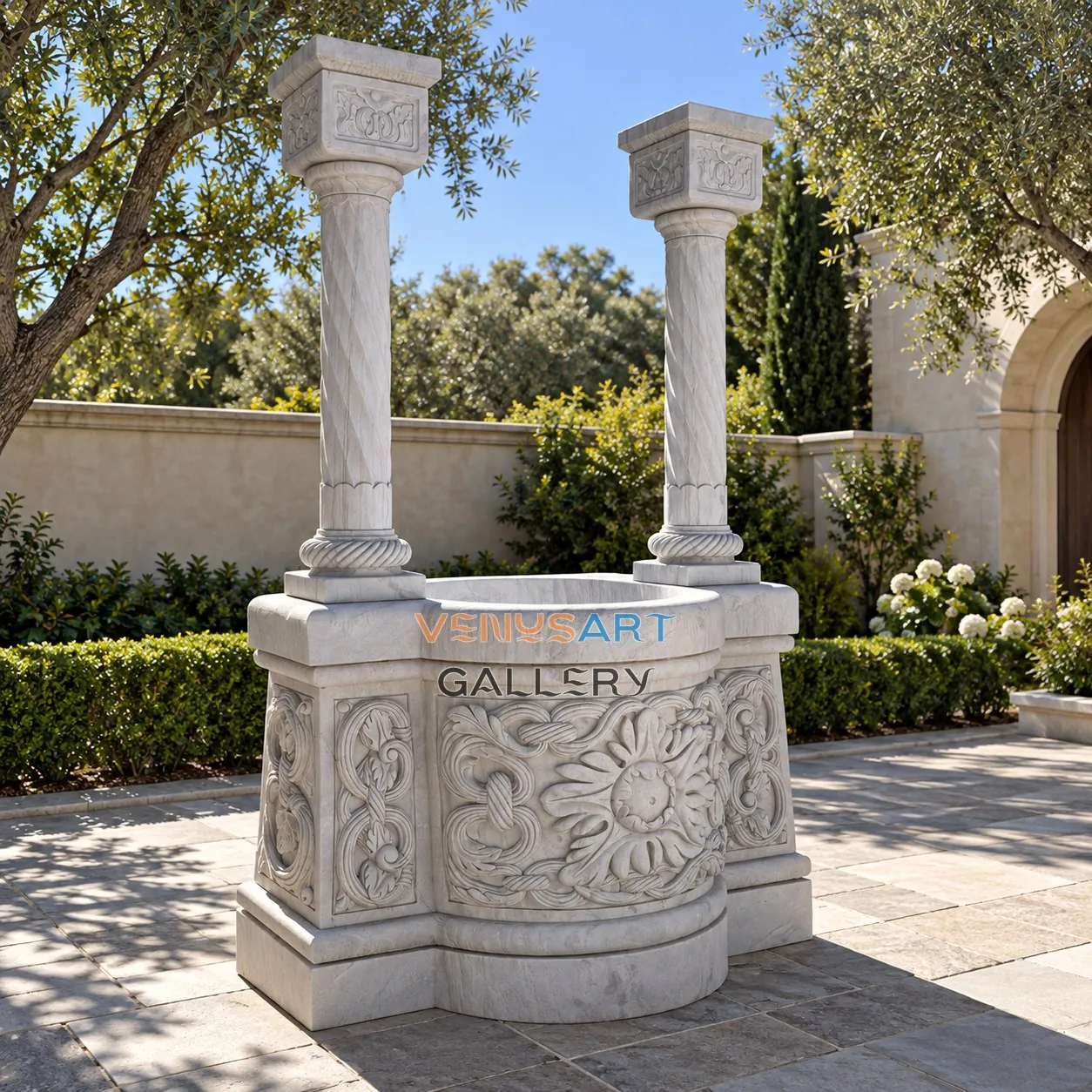 Ensemble de margelle de puits sculptée et colonnes