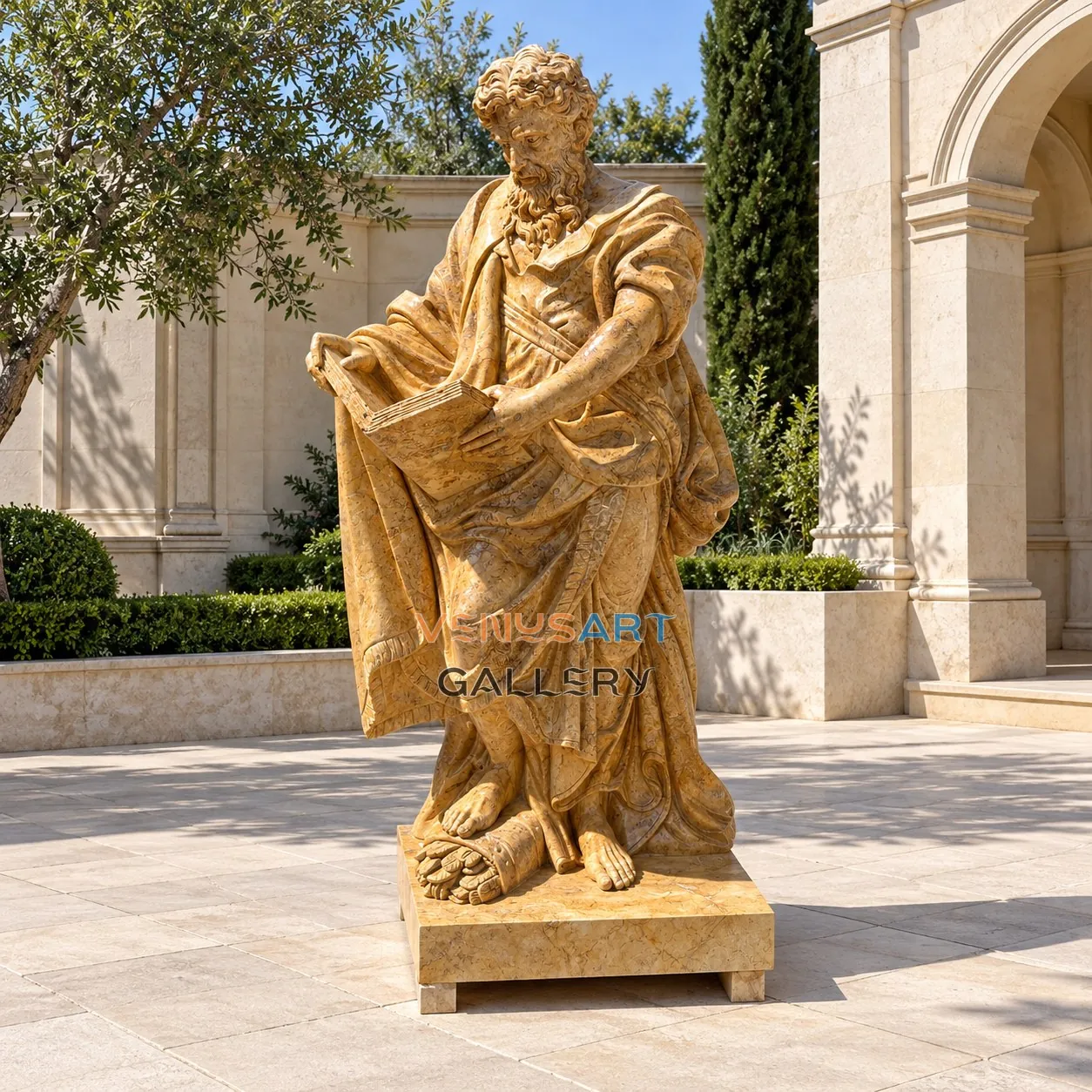 Warm Stone Seated Draped Figure — placement concept, not an installed project