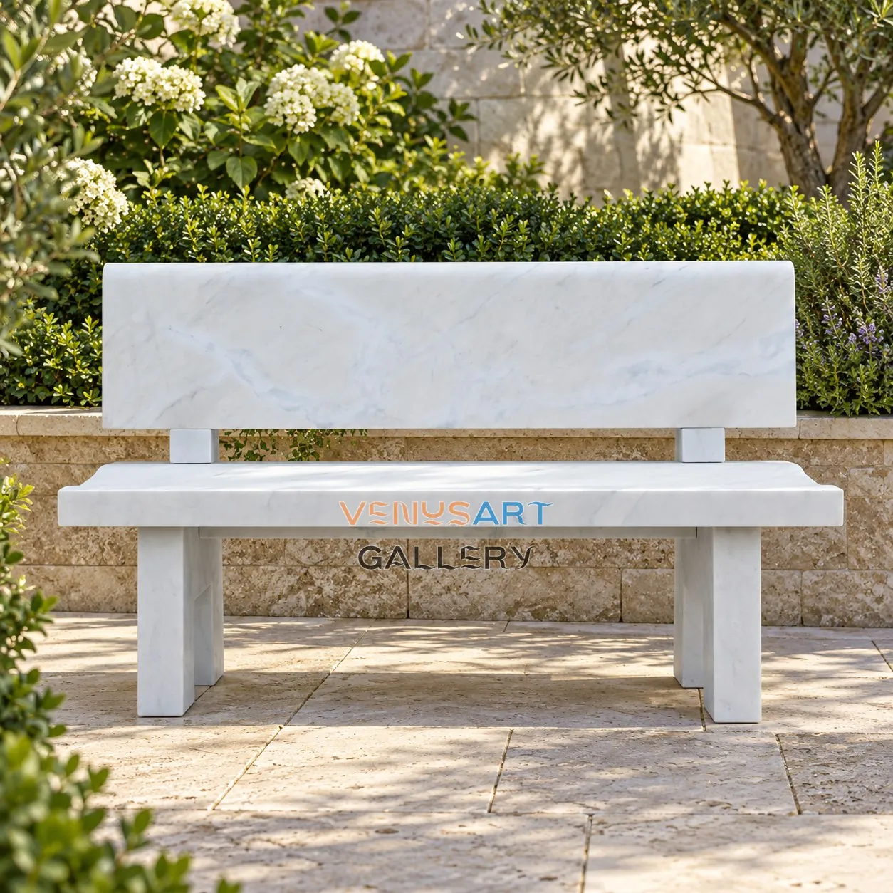 White Minimal Straight Back Bench — placement concept, not an installed project
