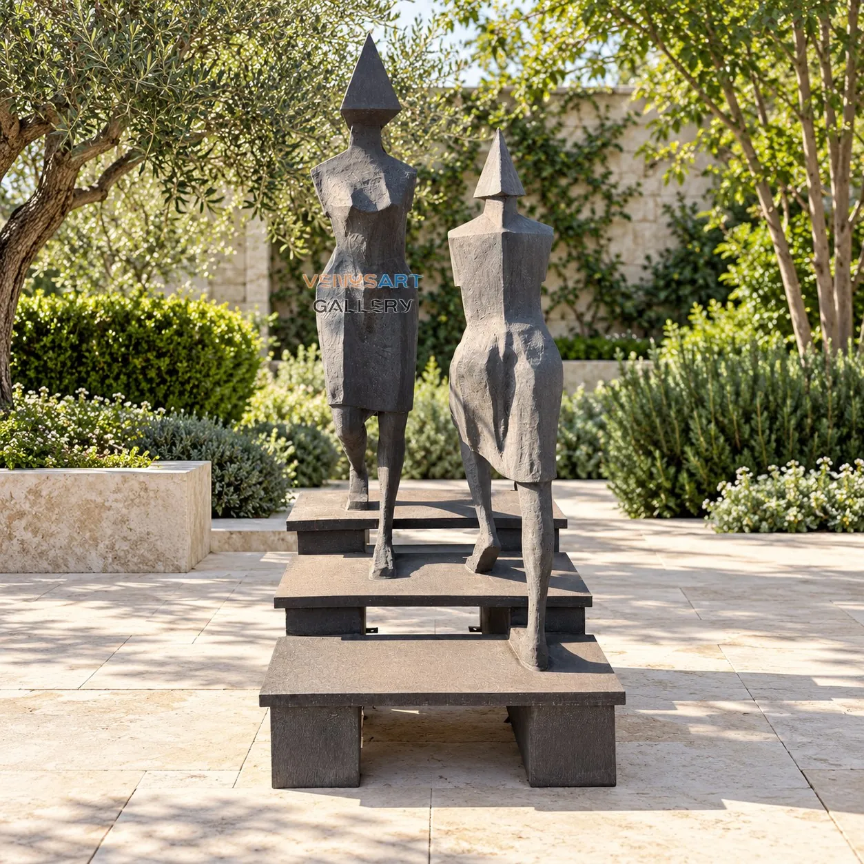 Stepped Geometric Figure Pair Sculpture — placement concept, not an installed project