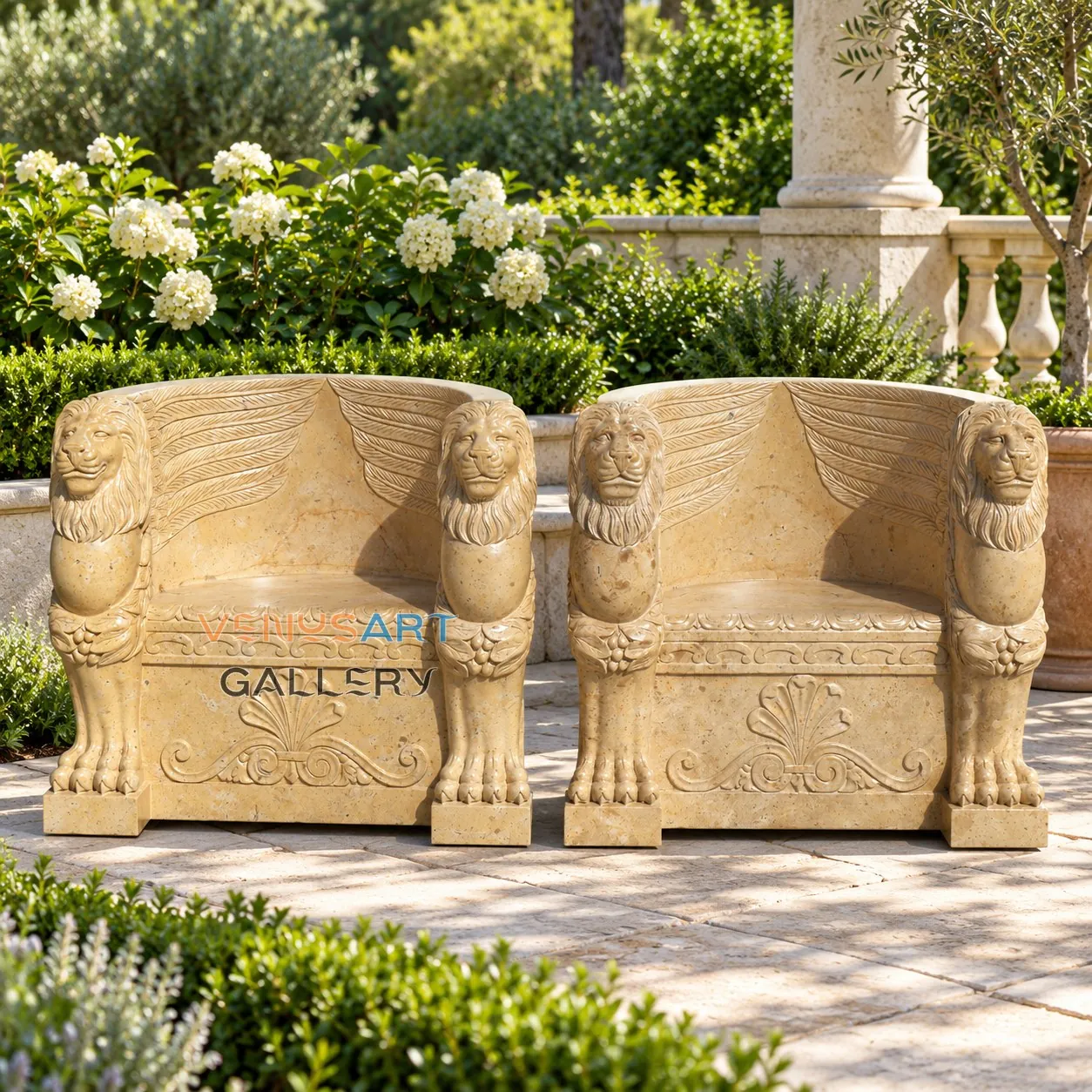 Figural Armrest Stone Chair Pair — placement concept, not an installed project
