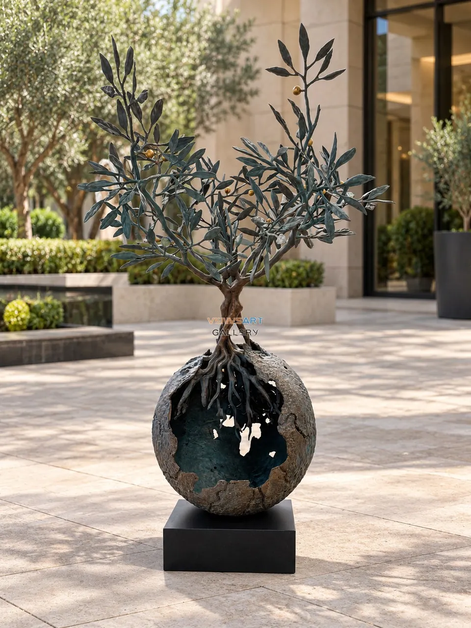 Olive Tree and Hollow Globe Sculpture — placement concept