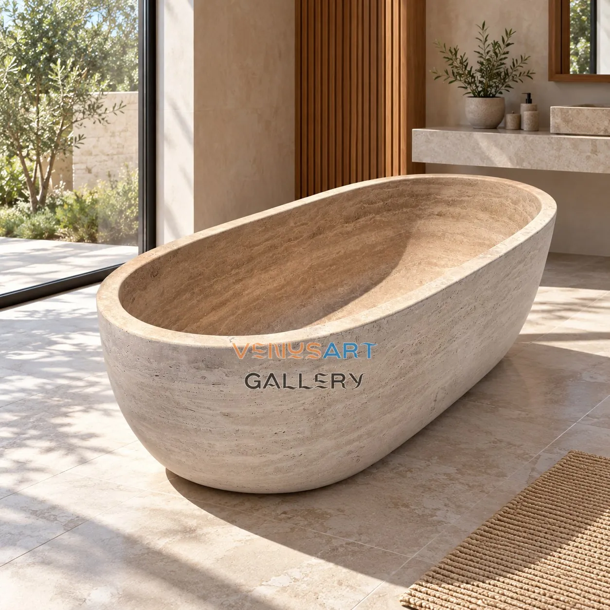 Warm Stone Raised End Bathtub — placement concept, not an installed project