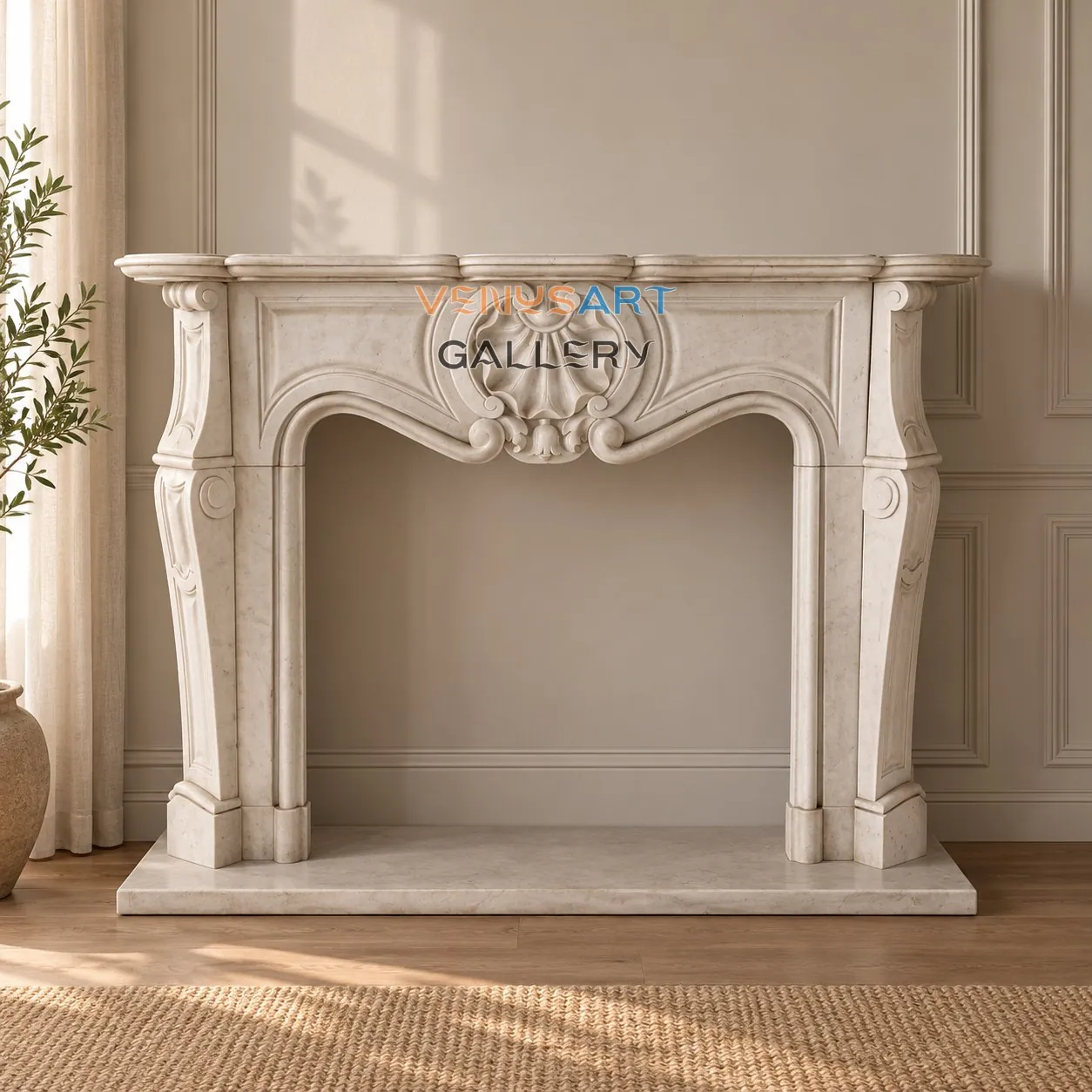 Shell Crest Marble Fireplace Surround — placement concept