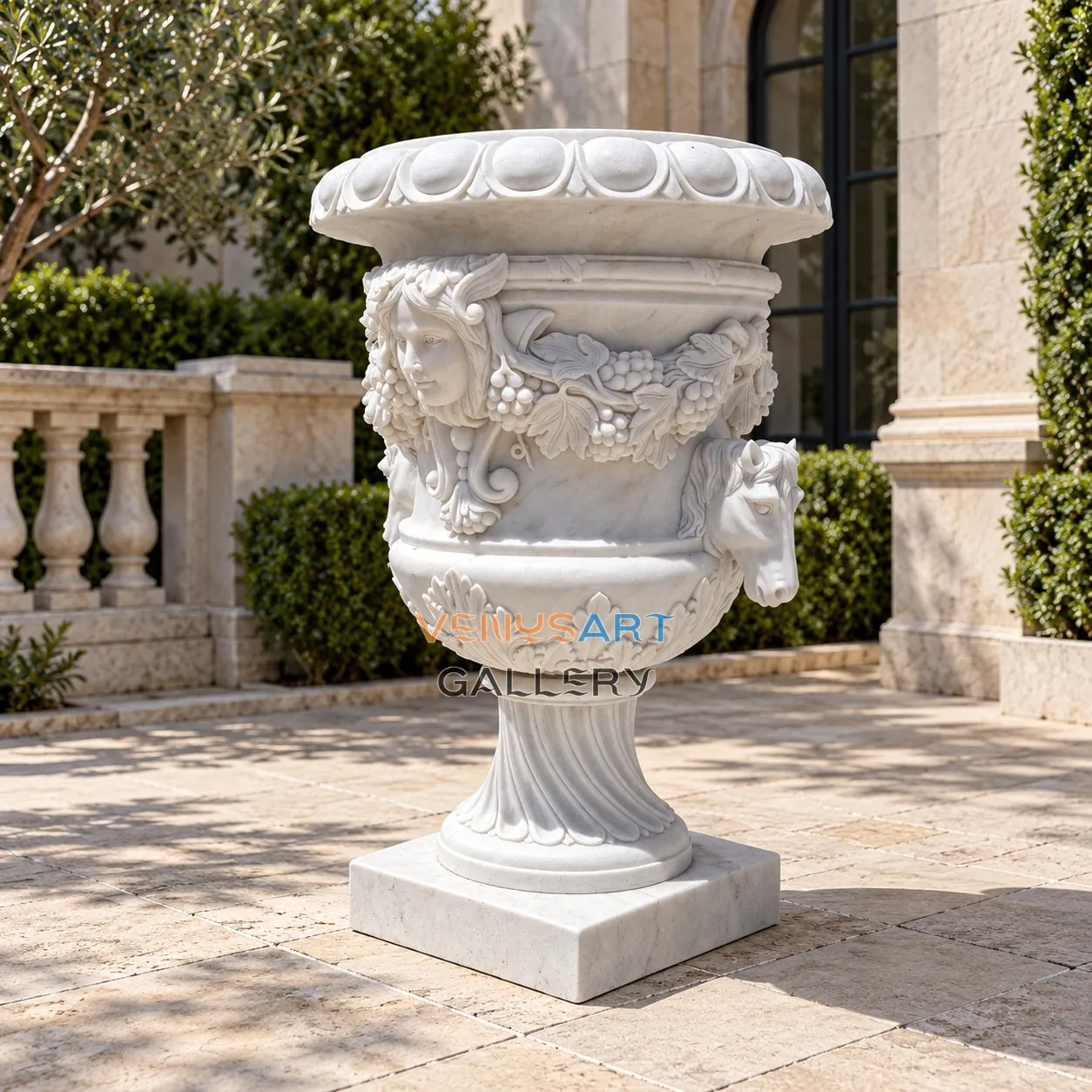 Horse Head Handle Marble Urn Planter