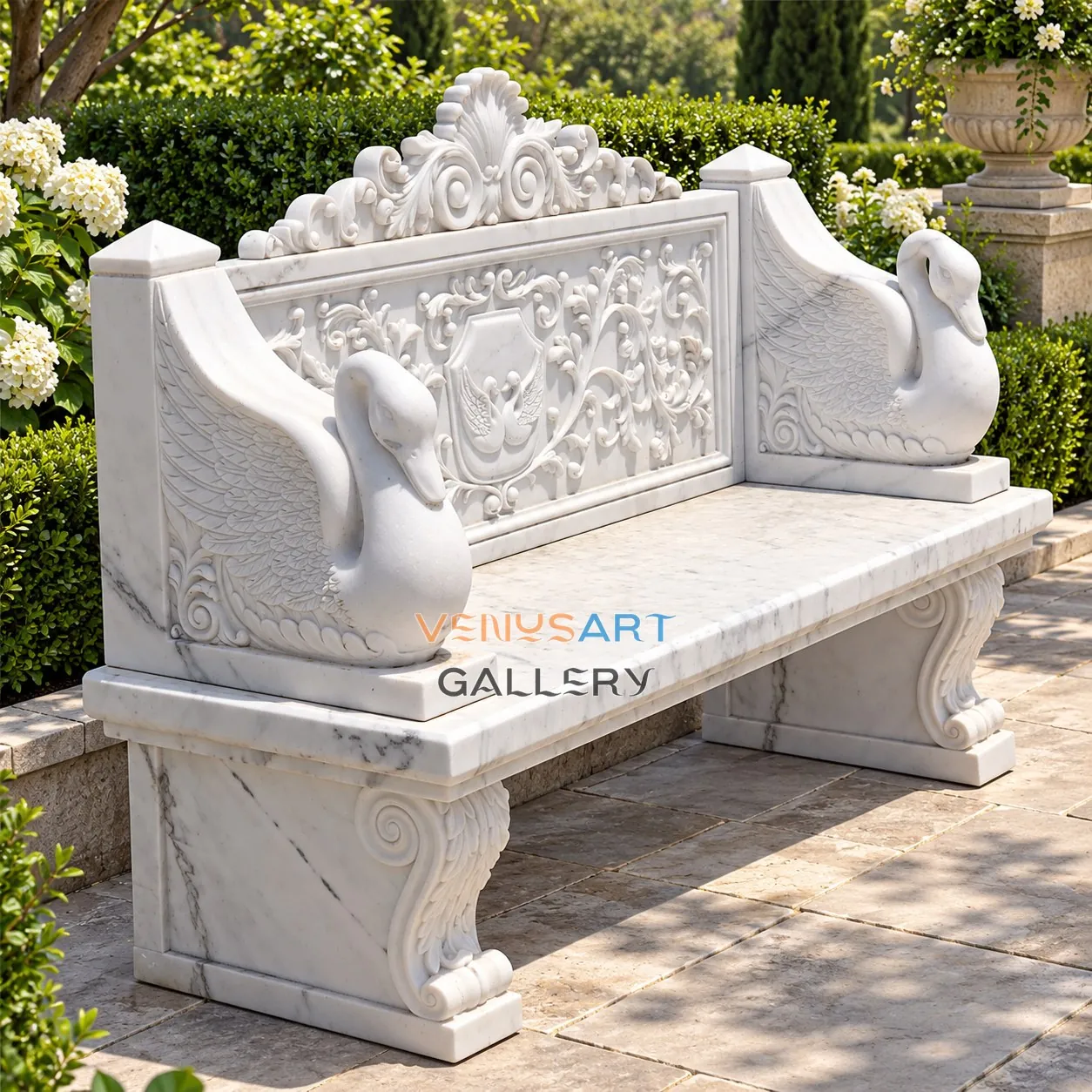 Swan Armrest Carved Stone Bench — placement concept, not an installed project