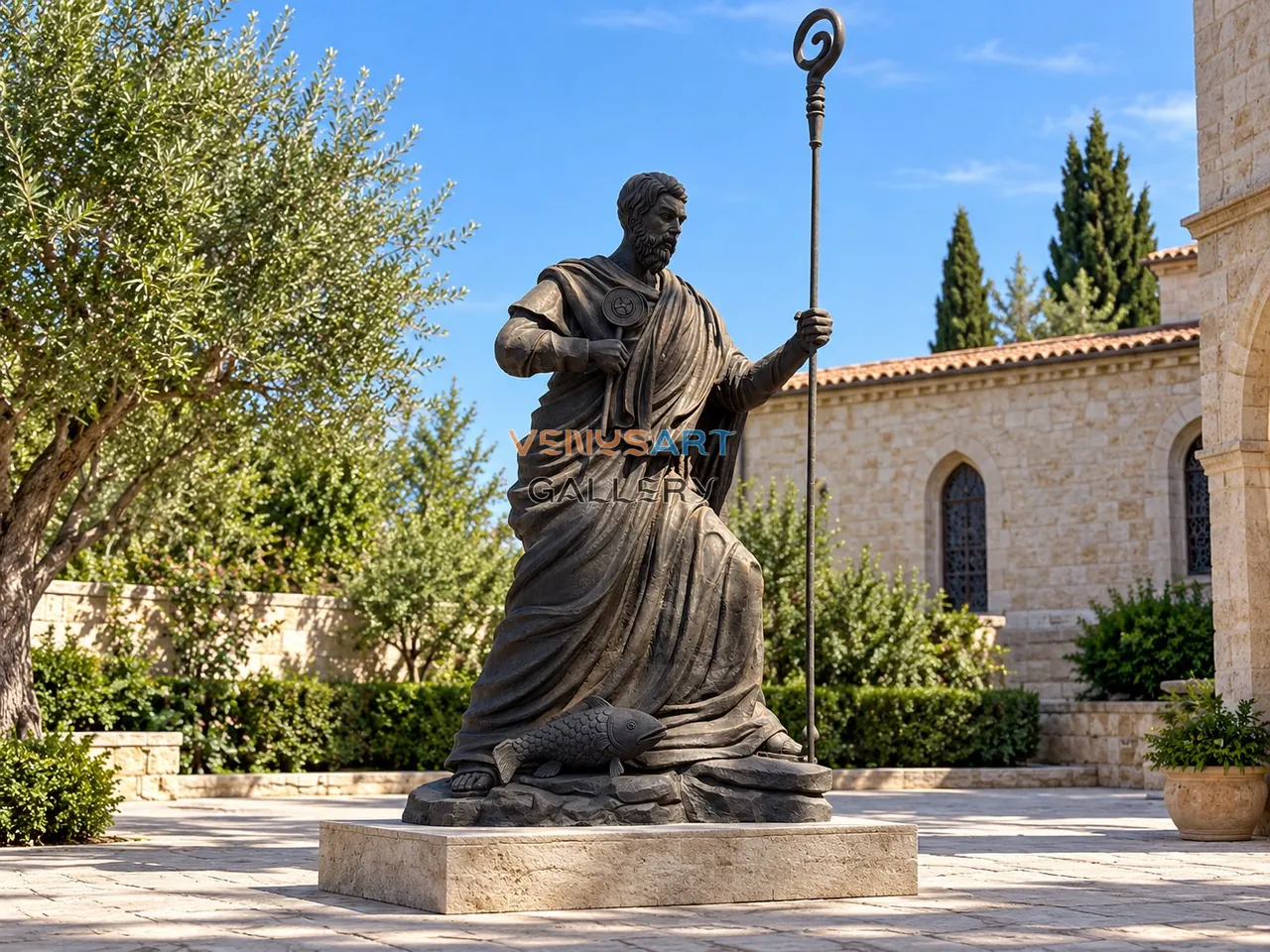 Robed Saint with Staff Sculpture — placement concept, not an installed project