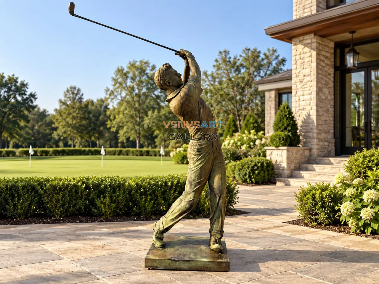 Bronze Golfer Swing Sculpture — placement concept, not an installed project
