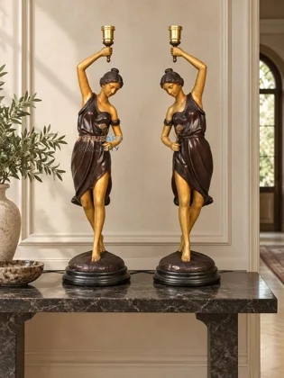 Pair of Female Figure Lamp Bases in Short Dresses