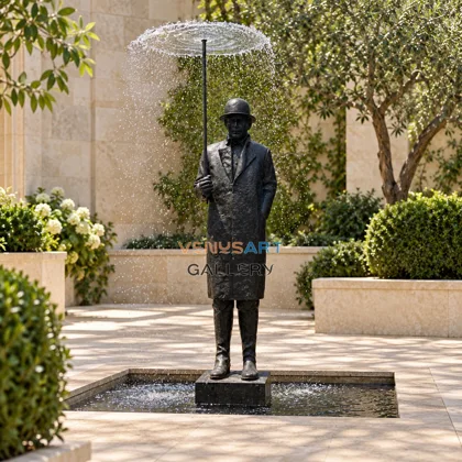 Umbrella Raincoat Man Fountain Figure