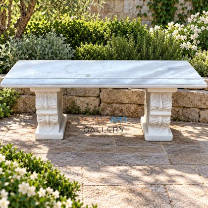 White Carved Straight Stone Bench